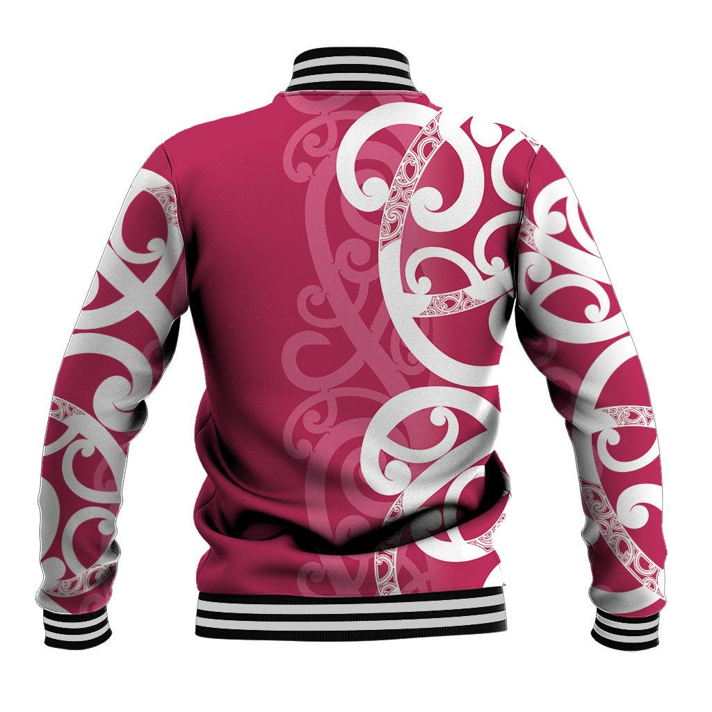 Breast Cancer Pink October Maori Baseball Jacket Koru Kowhaiwhai