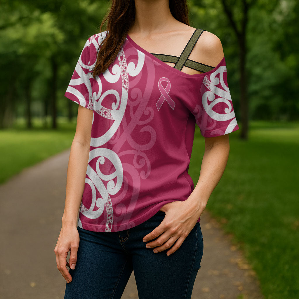Breast Cancer Pink October Maori Cross Shoulder Shirt Koru Kowhaiwhai