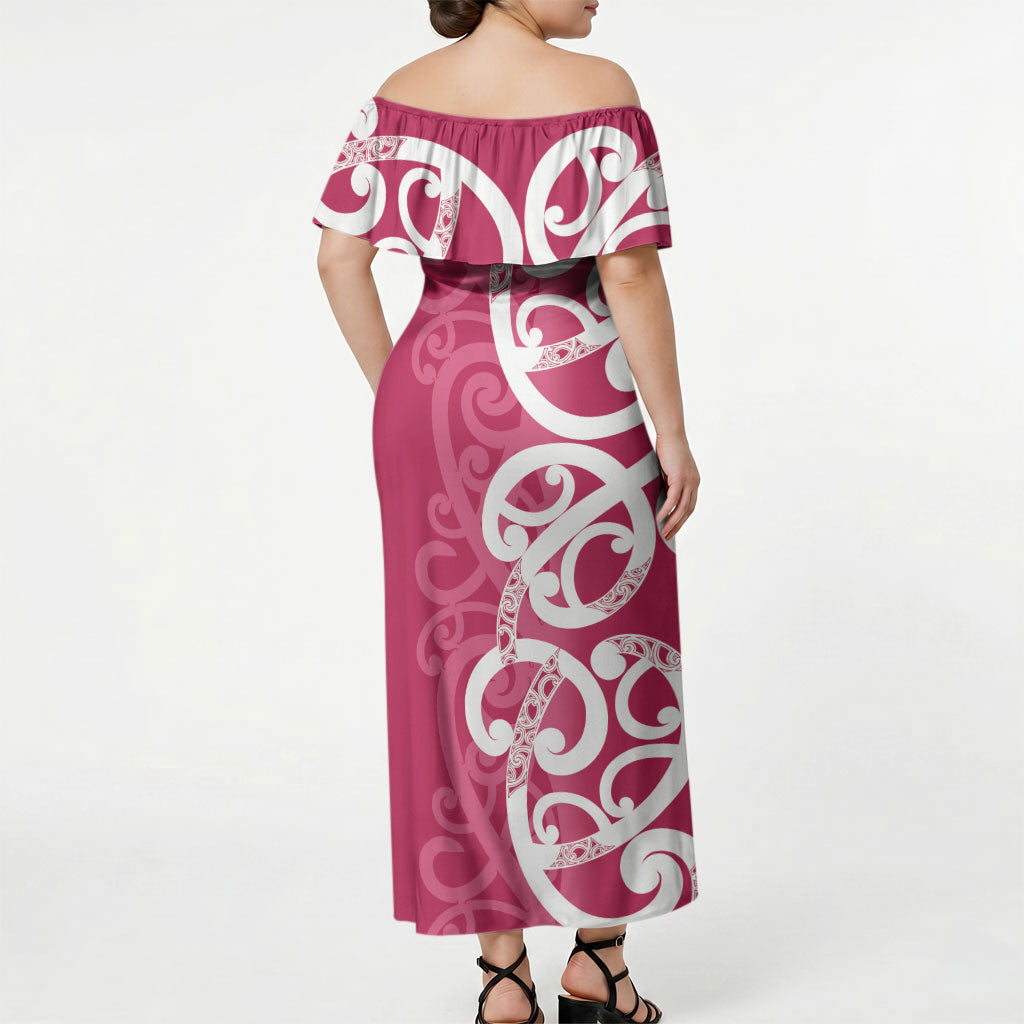 Breast Cancer Pink October Maori Off Shoulder Maxi Dress Koru Kowhaiwhai