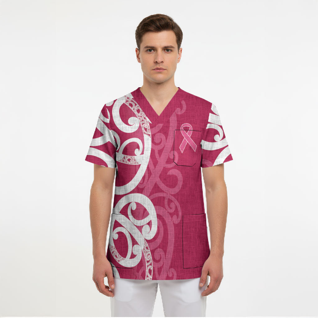 Breast Cancer Pink October Maori Scrub Top Koru Kowhaiwhai