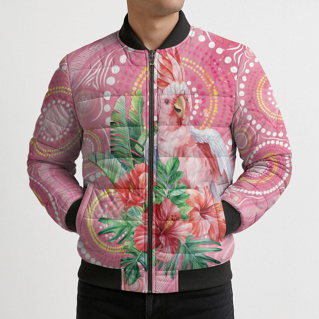 Breast Cancer Pink Cockatoo Bomber Puffer Jacket Indigenous Australia Watercolor Glaze