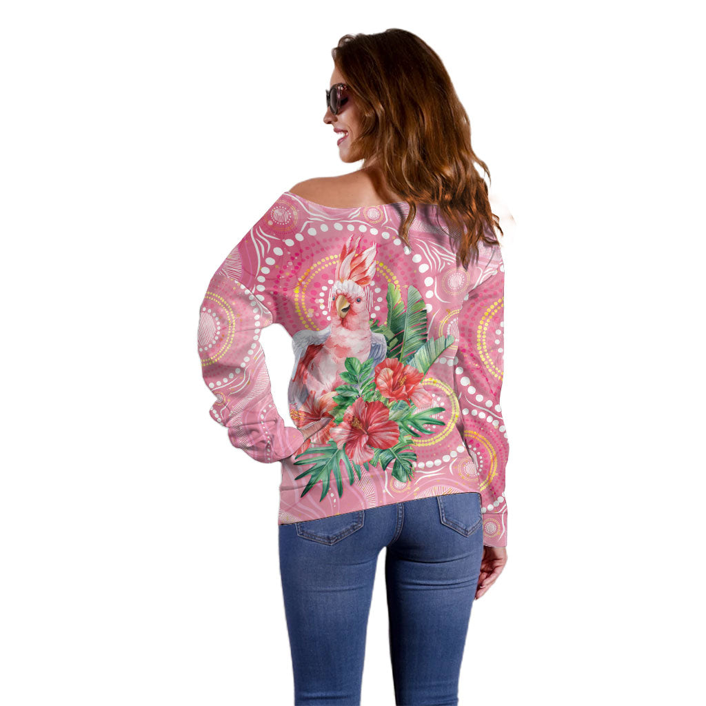 Breast Cancer Pink Cockatoo Off Shoulder Sweater Indigenous Australia Watercolor Glaze