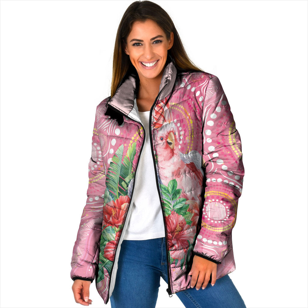 Breast Cancer Pink Cockatoo Padded Jacket Indigenous Australia Watercolor Glaze