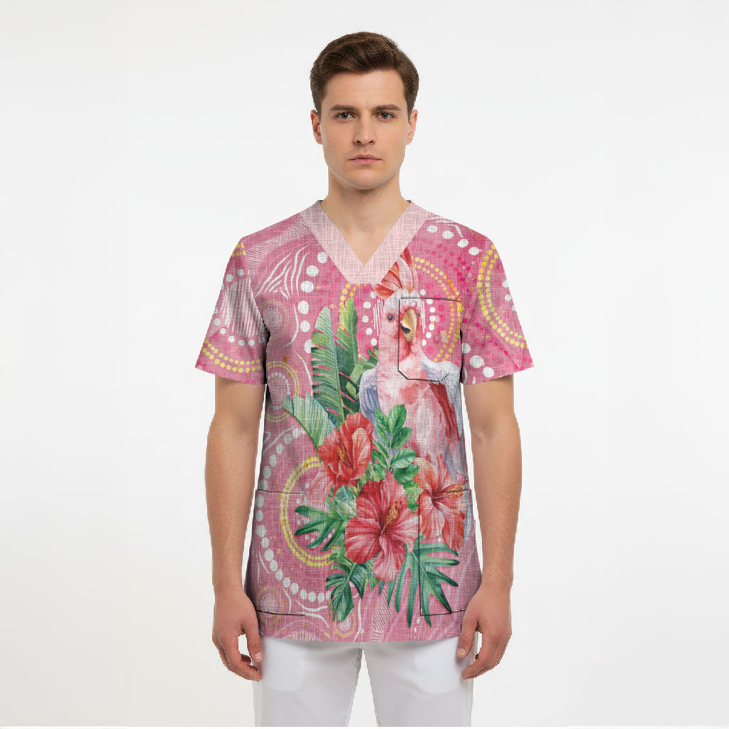 Breast Cancer Pink Cockatoo Scrub Top Indigenous Australia Watercolor Glaze
