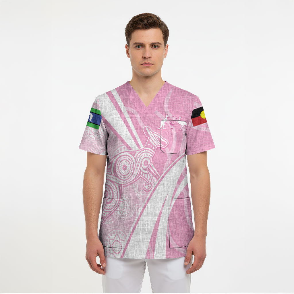 Australia Bowls Personalised Indigenous Pink Round Scrub Top