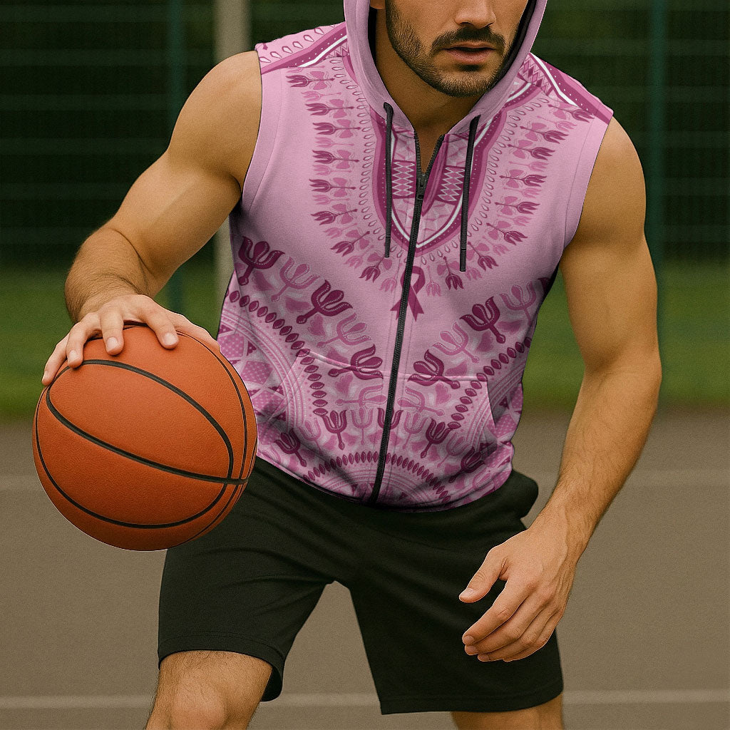Dashiki Glamorous Pink Sleeveless Zip Hoodie Breast Cancer Fighter