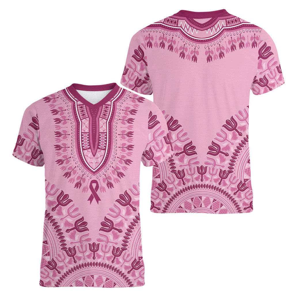 Dashiki Glamorous Pink Women V-Neck T-Shirt Breast Cancer Fighter
