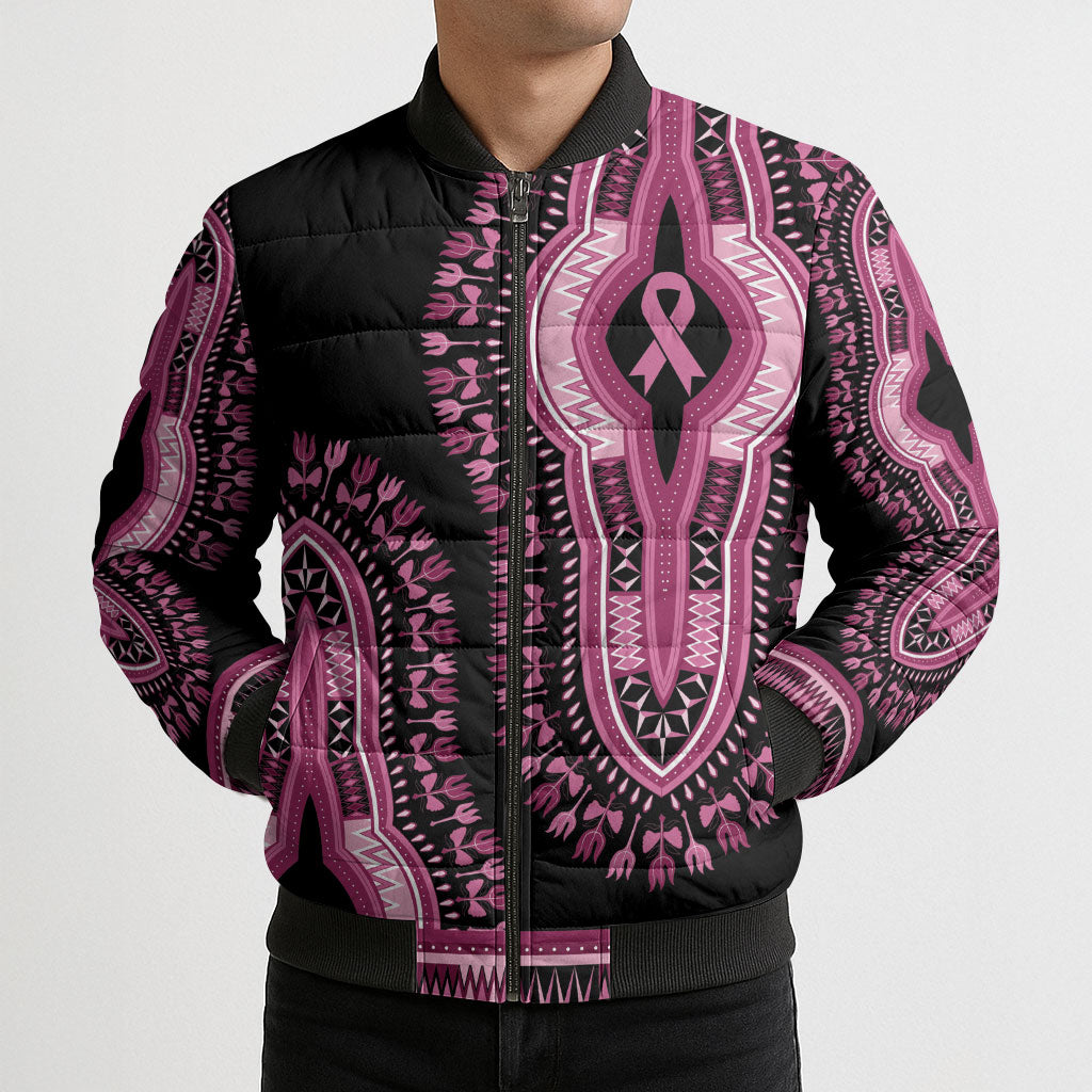 Breast Cancer Pink Ribbon Bomber Puffer Jacket Dashiki Style