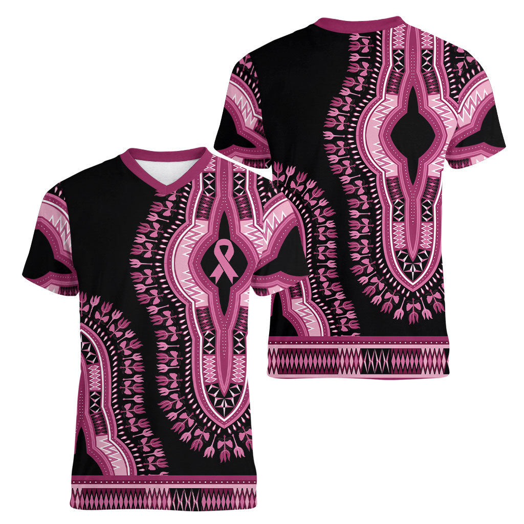 Breast Cancer Pink Ribbon Women V-Neck T-Shirt Dashiki Style