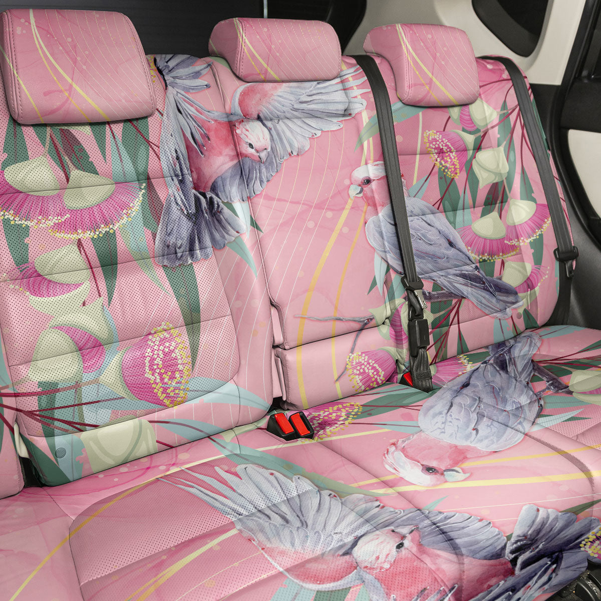 Australia Breast Cancer Back Car Seat Cover Pink Galah with Eucalyptus Flowers