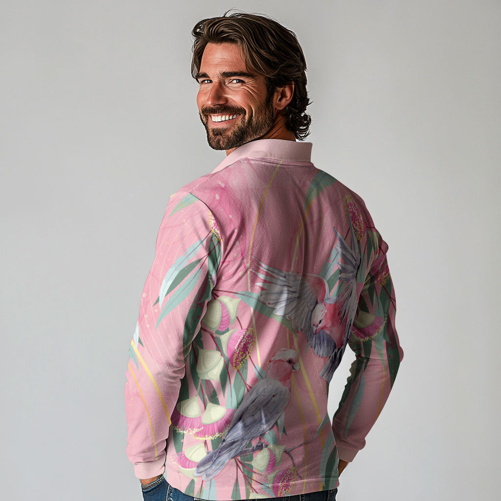 Australia Breast Cancer Long Sleeve Polo Shirt Pink Galah with Eucalyptus Flowers