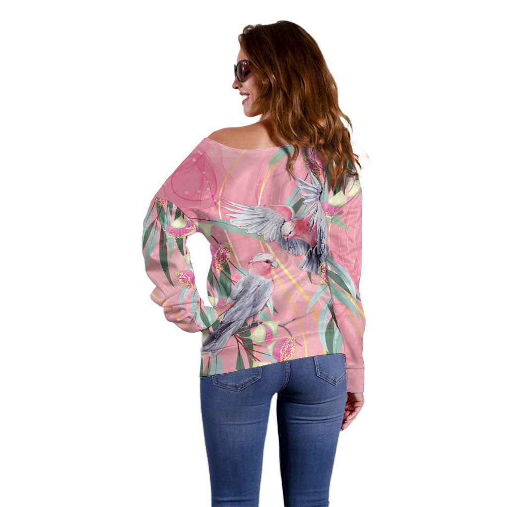 Australia Breast Cancer Off Shoulder Sweater Pink Galah with Eucalyptus Flowers
