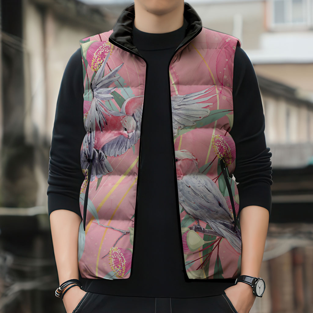 Australia Breast Cancer Sleeveless Puffer Jacket Pink Galah with Eucalyptus Flowers