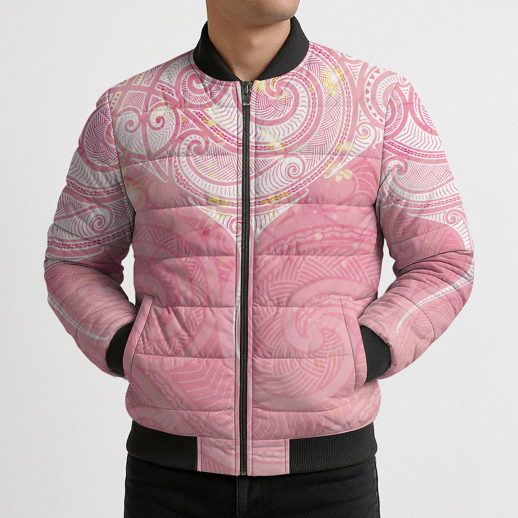 Breast Cancer Movement Maori Aotearoa Bomber Puffer Jacket Manta Ray - Pink Glaze