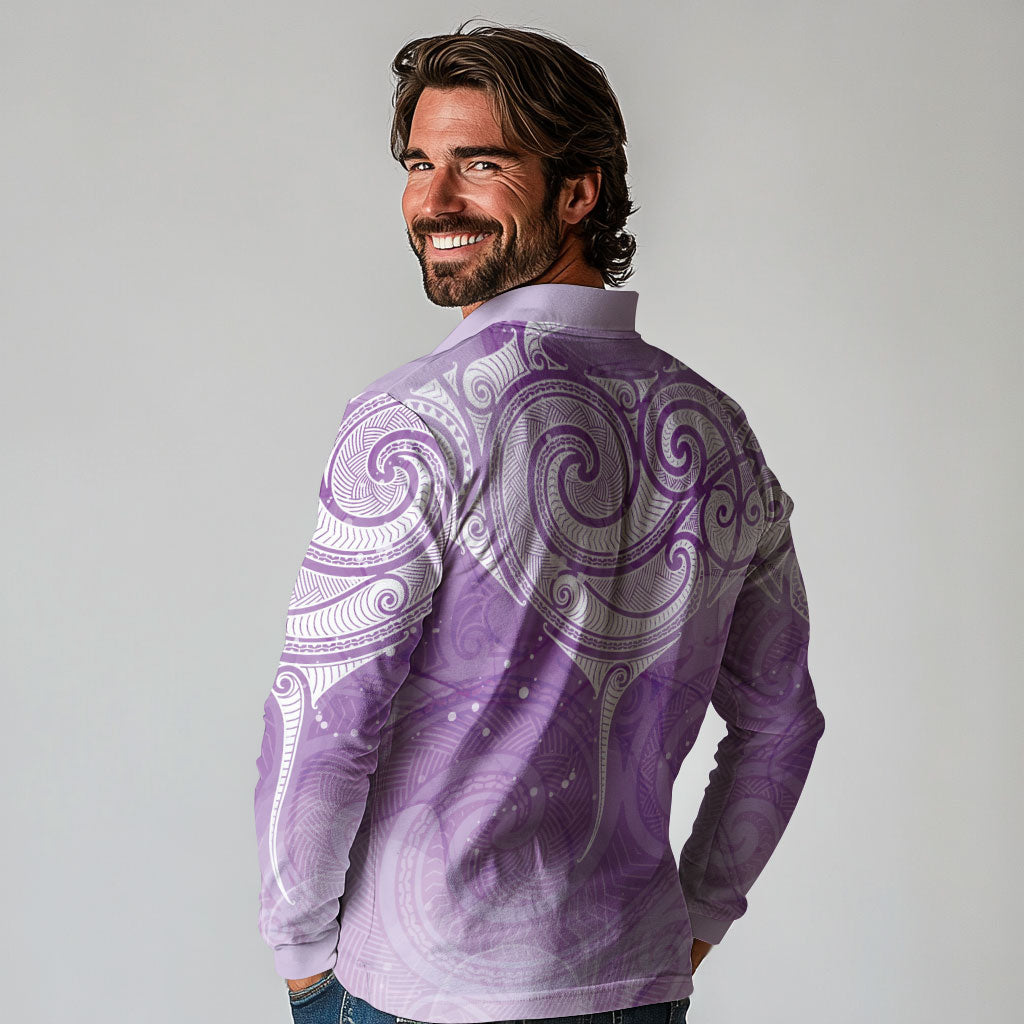 Epilepsy Month Maori Aotearoa Long Sleeve Polo Shirt Manta Ray - Purple Glaze