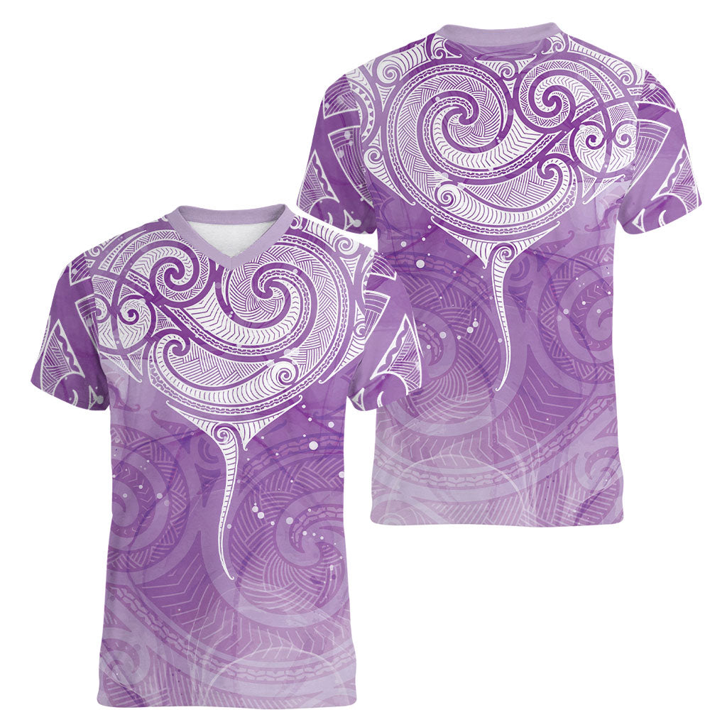 Epilepsy Month Maori Aotearoa Women V-Neck T-Shirt Manta Ray - Purple Glaze
