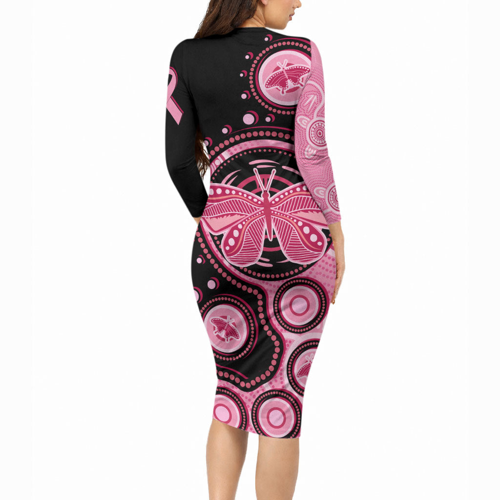 Australia Indigenous Long Sleeve Bodycon Dress Breast Cancer Ribbon Butterfly Aboriginal Arts