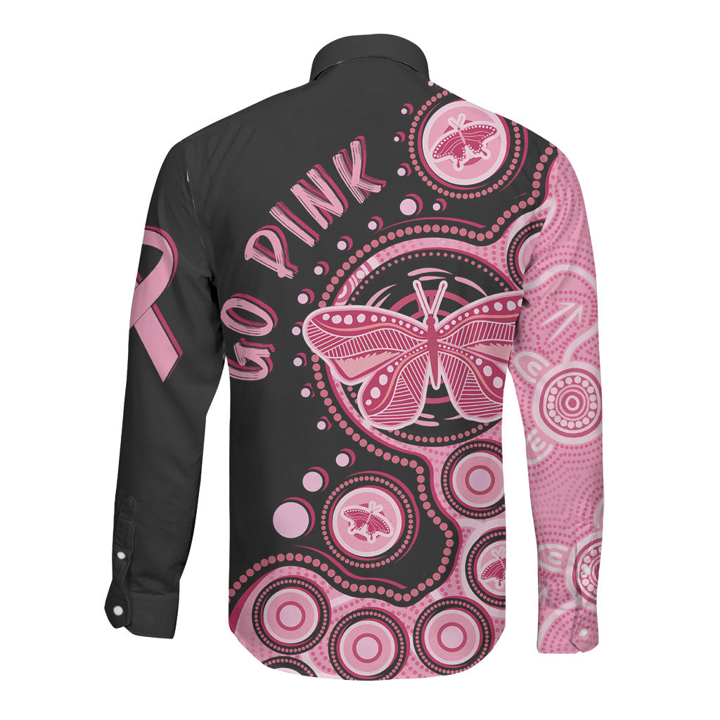 Australia Indigenous Long Sleeve Button Shirt Breast Cancer Ribbon Butterfly Aboriginal Arts