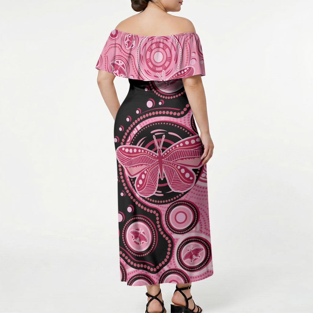 Australia Indigenous Off Shoulder Maxi Dress Breast Cancer Ribbon Butterfly Aboriginal Arts