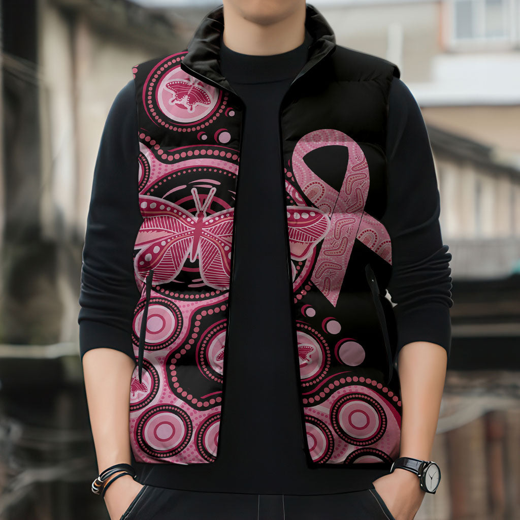 Australia Indigenous Sleeveless Puffer Jacket Breast Cancer Ribbon Butterfly Aboriginal Arts
