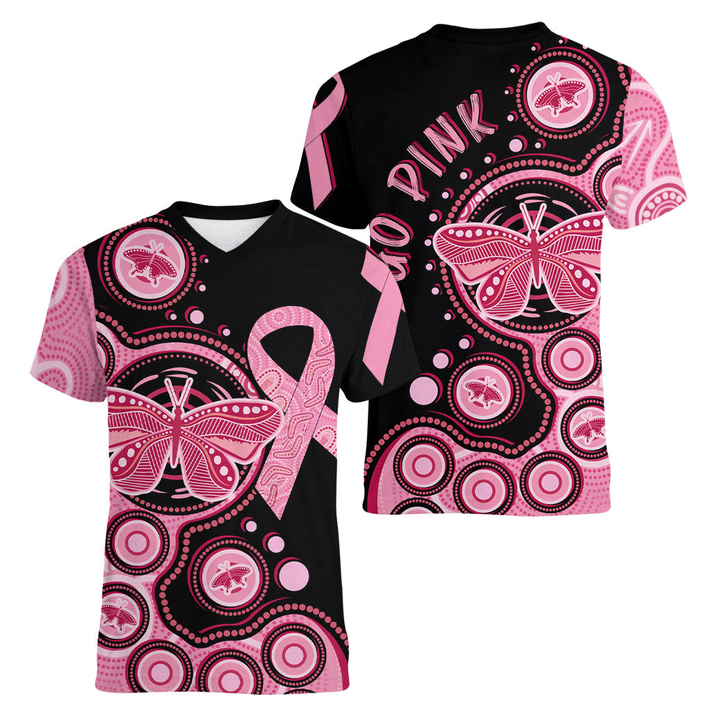 Australia Indigenous Women V-Neck T-Shirt Breast Cancer Ribbon Butterfly Aboriginal Arts