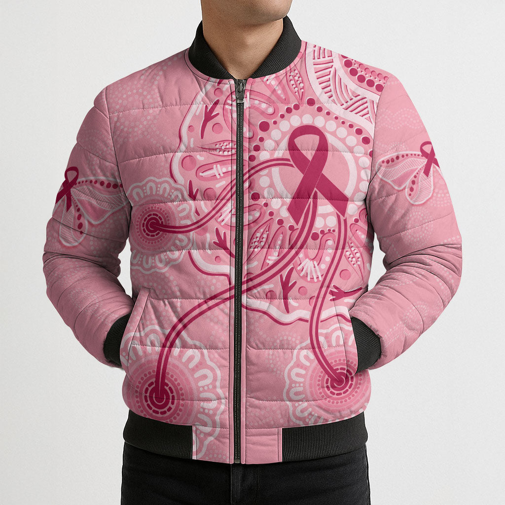 Australia Indigenous Bomber Puffer Jacket Breast Cancer Ribbon Aboriginal Art - Pink