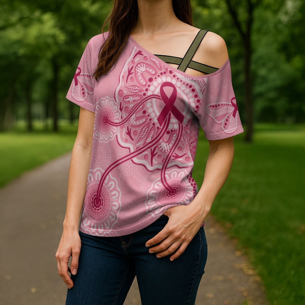 Australia Indigenous Cross Shoulder Shirt Breast Cancer Ribbon Aboriginal Art - Pink
