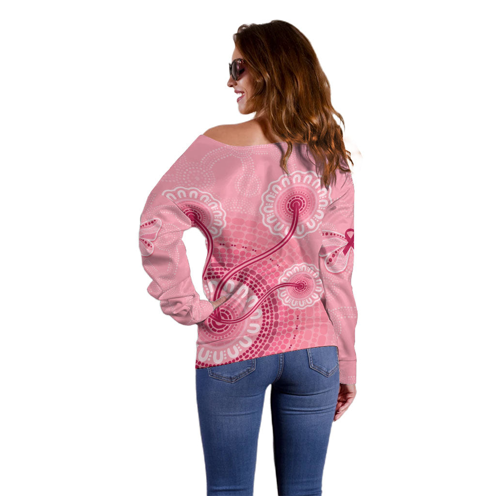 Australia Indigenous Off Shoulder Sweater Breast Cancer Ribbon Aboriginal Art - Pink
