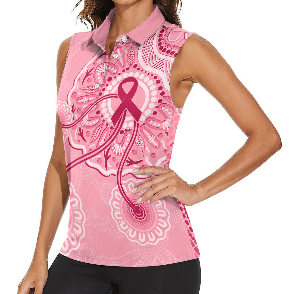 Australia Indigenous Women Sleeveless Polo Shirt Breast Cancer Ribbon Aboriginal Art - Pink