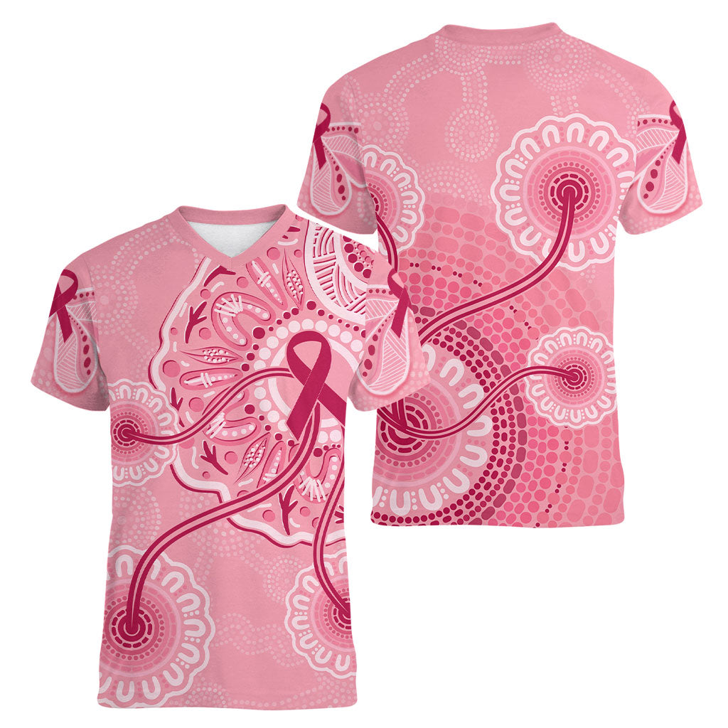 Australia Indigenous Women V-Neck T-Shirt Breast Cancer Ribbon Aboriginal Art - Pink