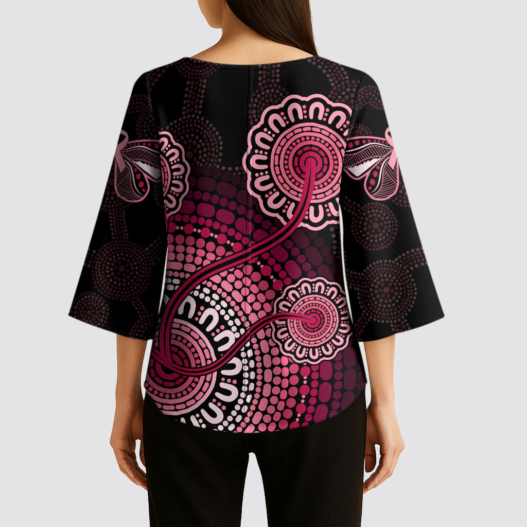 Australia Indigenous Kimono Sleeve Blouse Breast Cancer Ribbon Aboriginal Art - Black