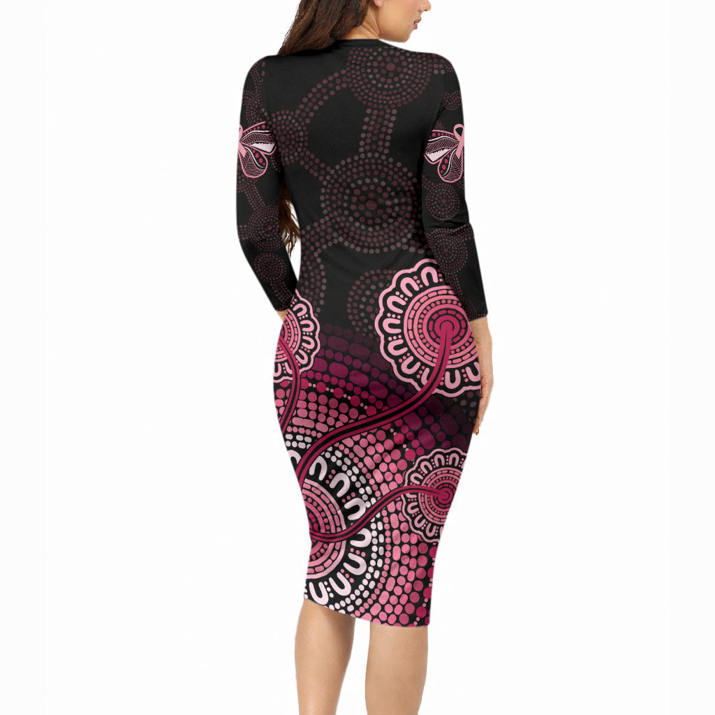 Australia Indigenous Long Sleeve Bodycon Dress Breast Cancer Ribbon Aboriginal Art - Black
