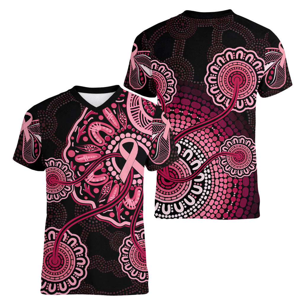 Australia Indigenous Women V-Neck T-Shirt Breast Cancer Ribbon Aboriginal Art - Black