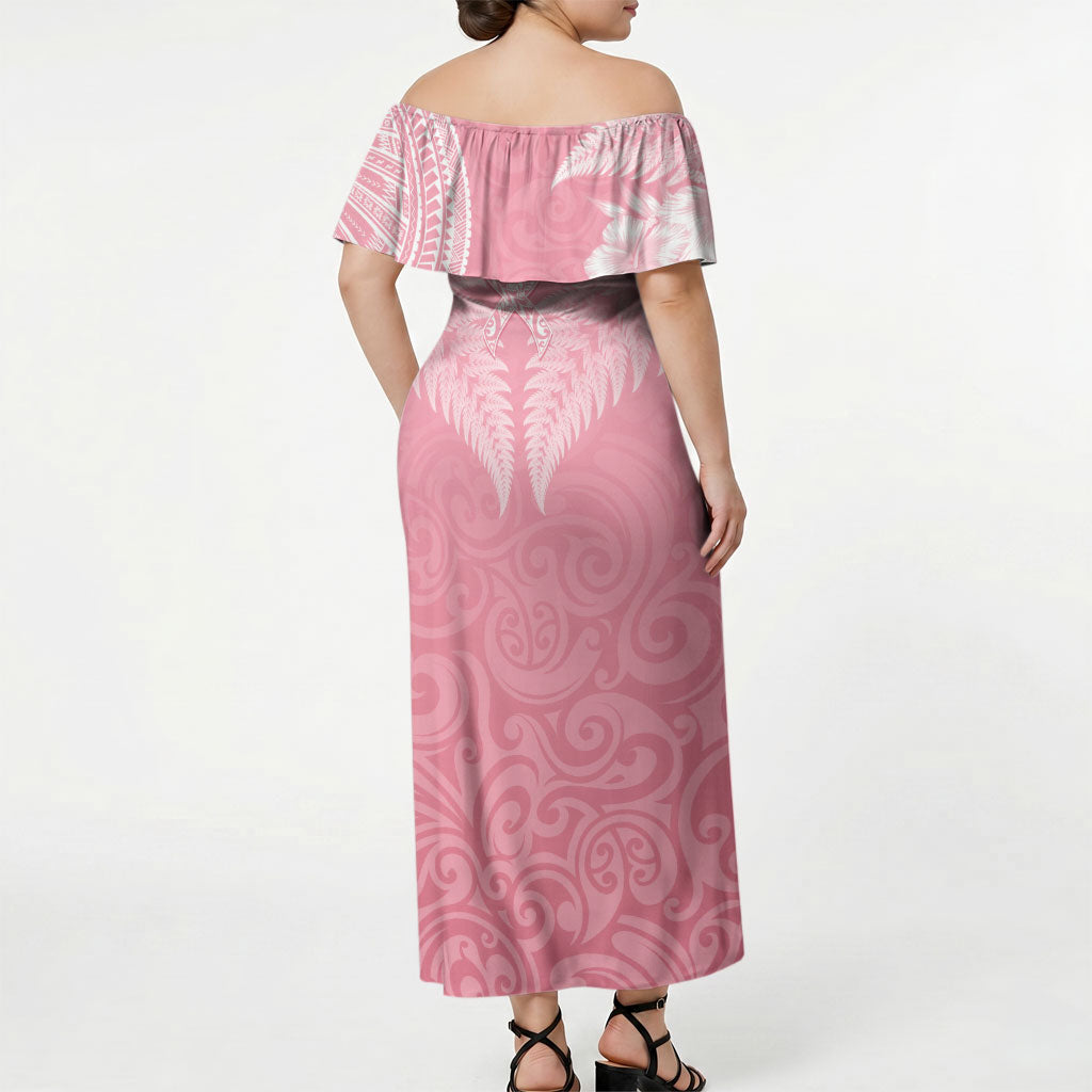 Personalised New Zealand Off Shoulder Maxi Dress Pink Ribbon Tattoo Mix Silver Fern