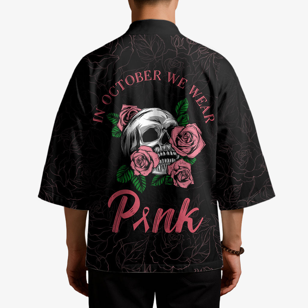 In October We Wear Pink Kimono Skull and Roses - Black