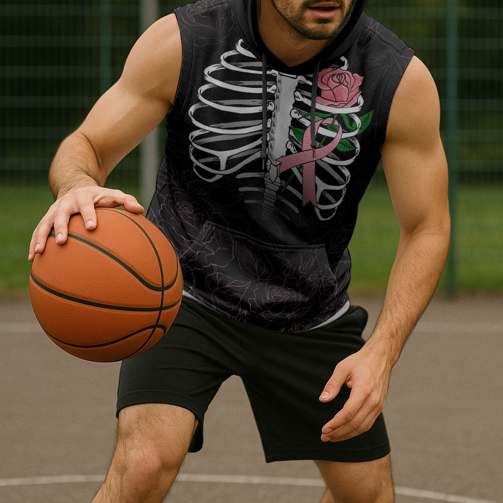In October We Wear Pink Sleeveless Hoodie Skull and Roses - Black