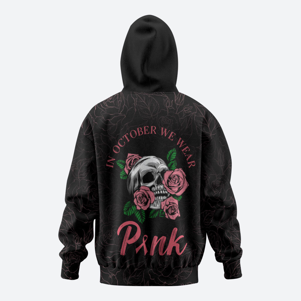 In October We Wear Pink Zip Hoodie Skull and Roses - Black