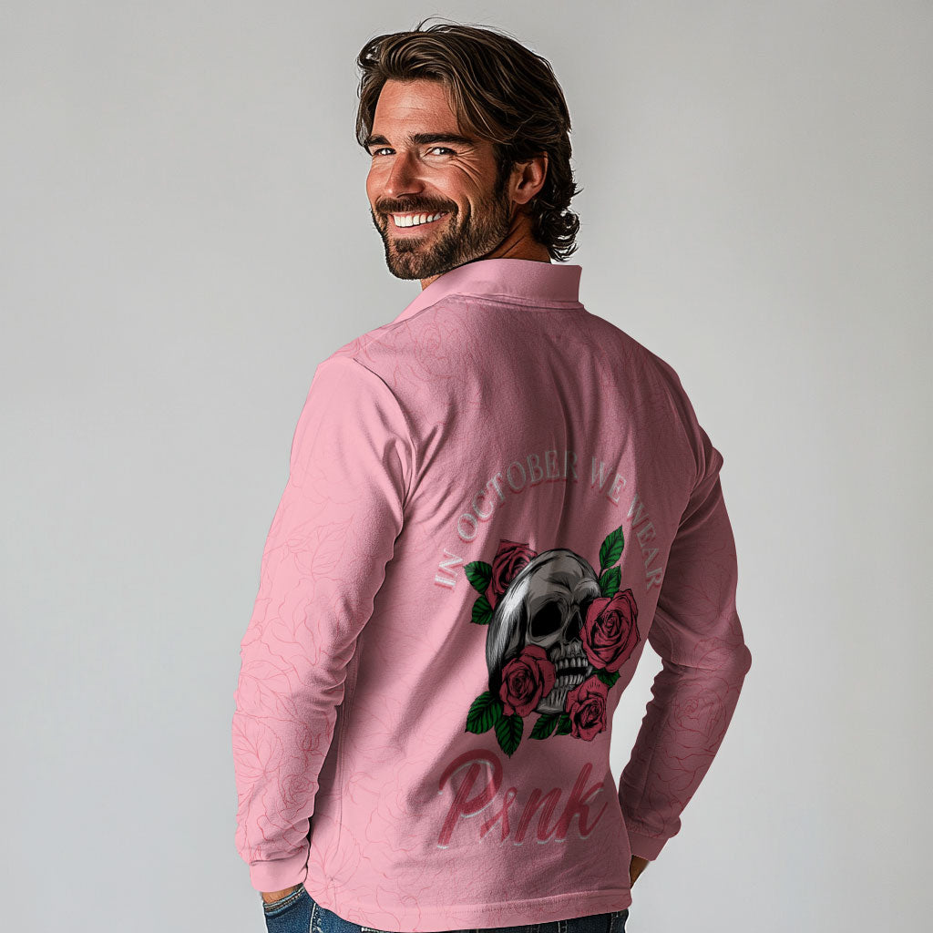 In October We Wear Pink Long Sleeve Polo Shirt Skull and Roses - Pink