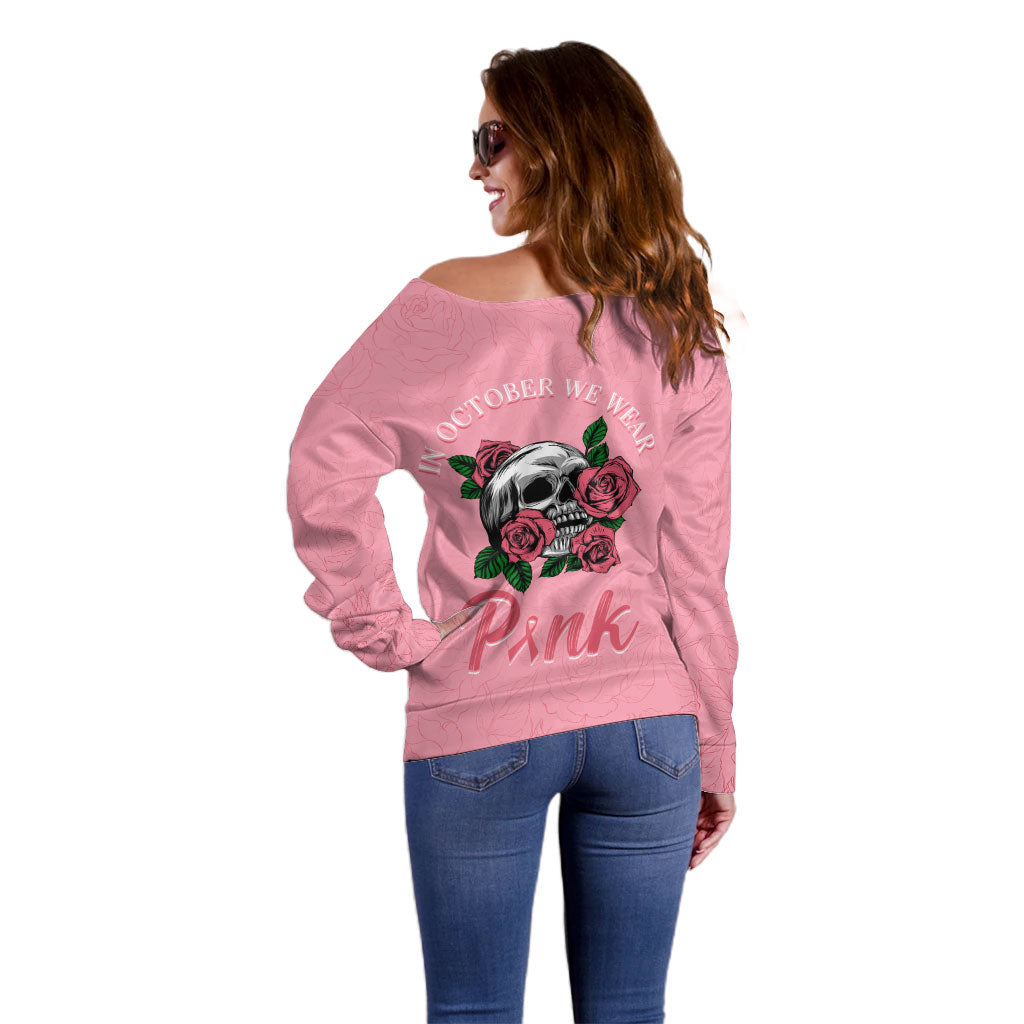 In October We Wear Pink Off Shoulder Sweater Skull and Roses - Pink