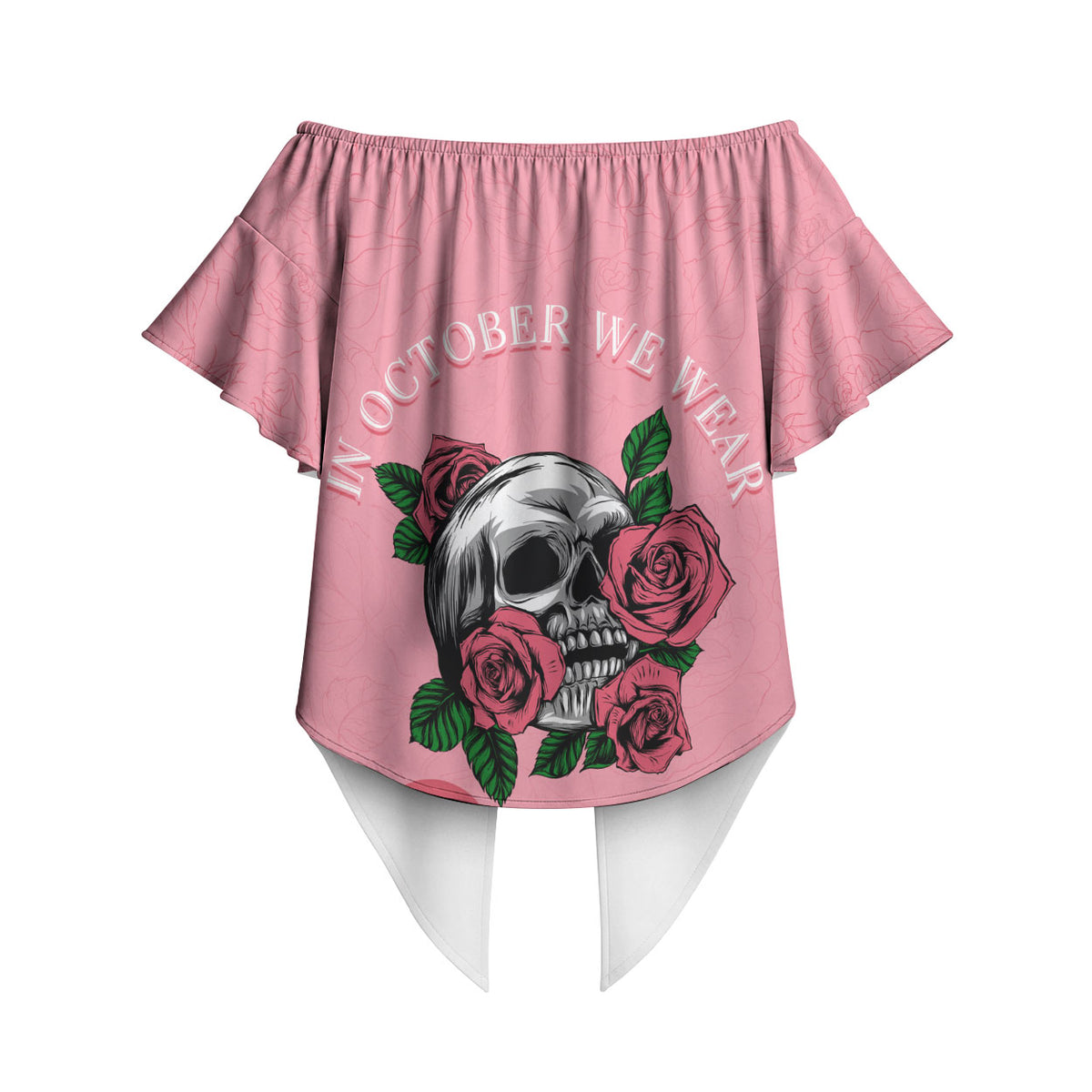 In October We Wear Pink Off Shoulder Wrap Waist Top Skull and Roses - Pink