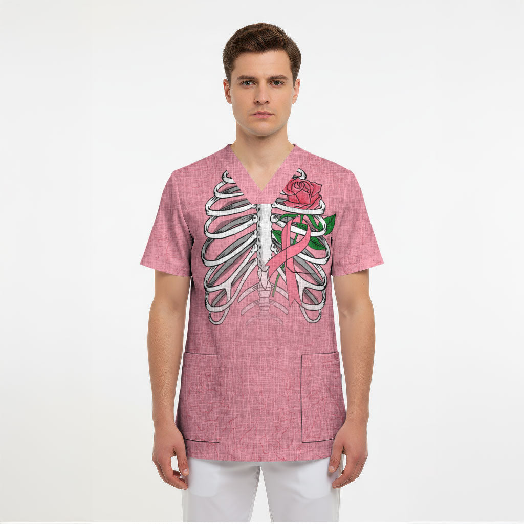 In October We Wear Pink Scrub Top Skull and Roses - Pink