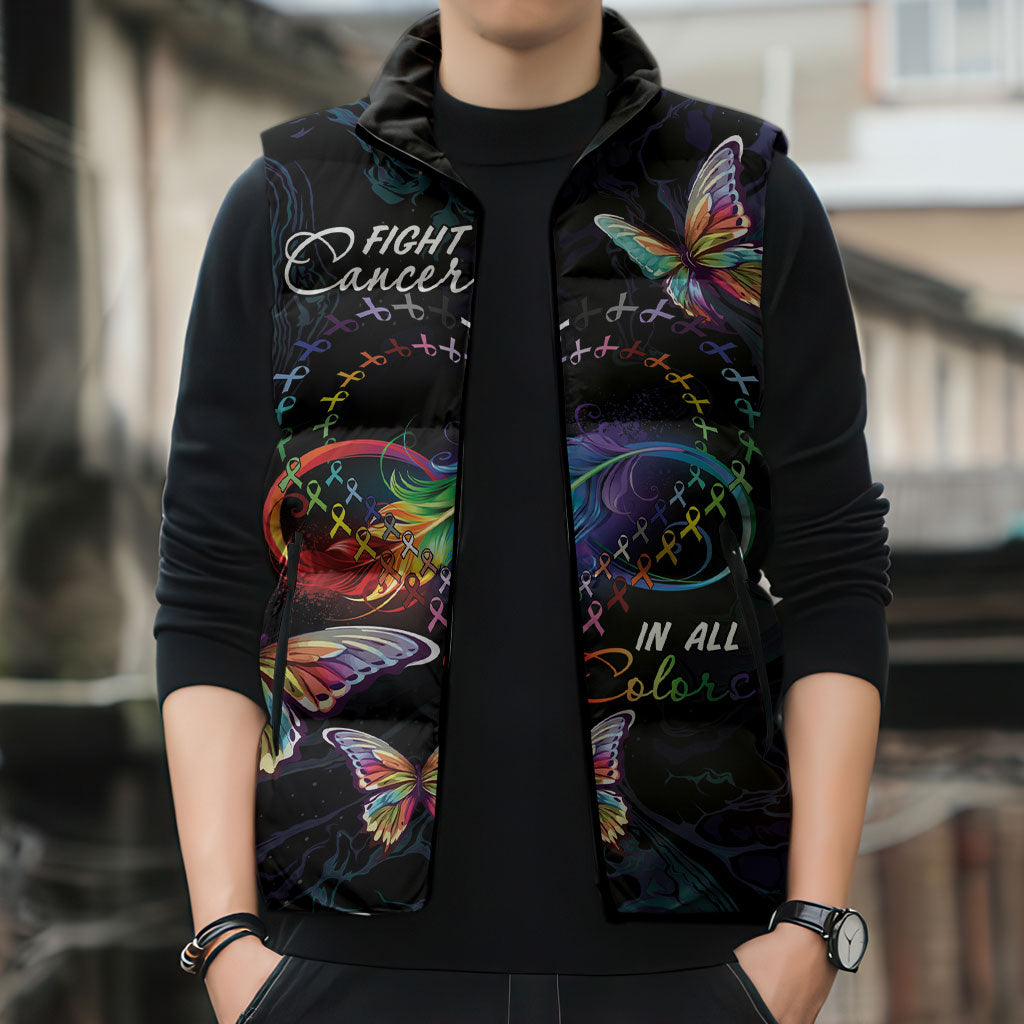 Fight Cancer In All Colors Personalized Sleeveless Puffer Jacket Whimsical Butterflies
