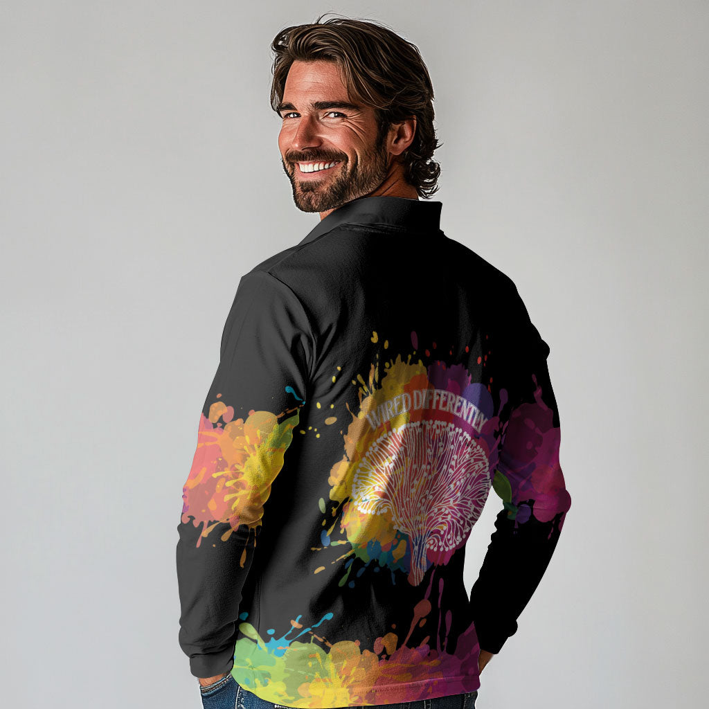 Autism Wired Differently Colors Splash Long Sleeve Polo Shirt