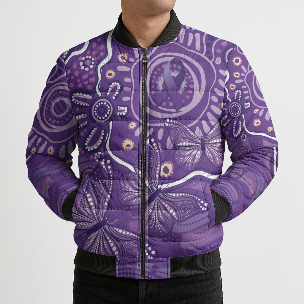 Australia Lupus Day Indigenous Bomber Puffer Jacket Purple Ribbon Aboriginal Butterflies