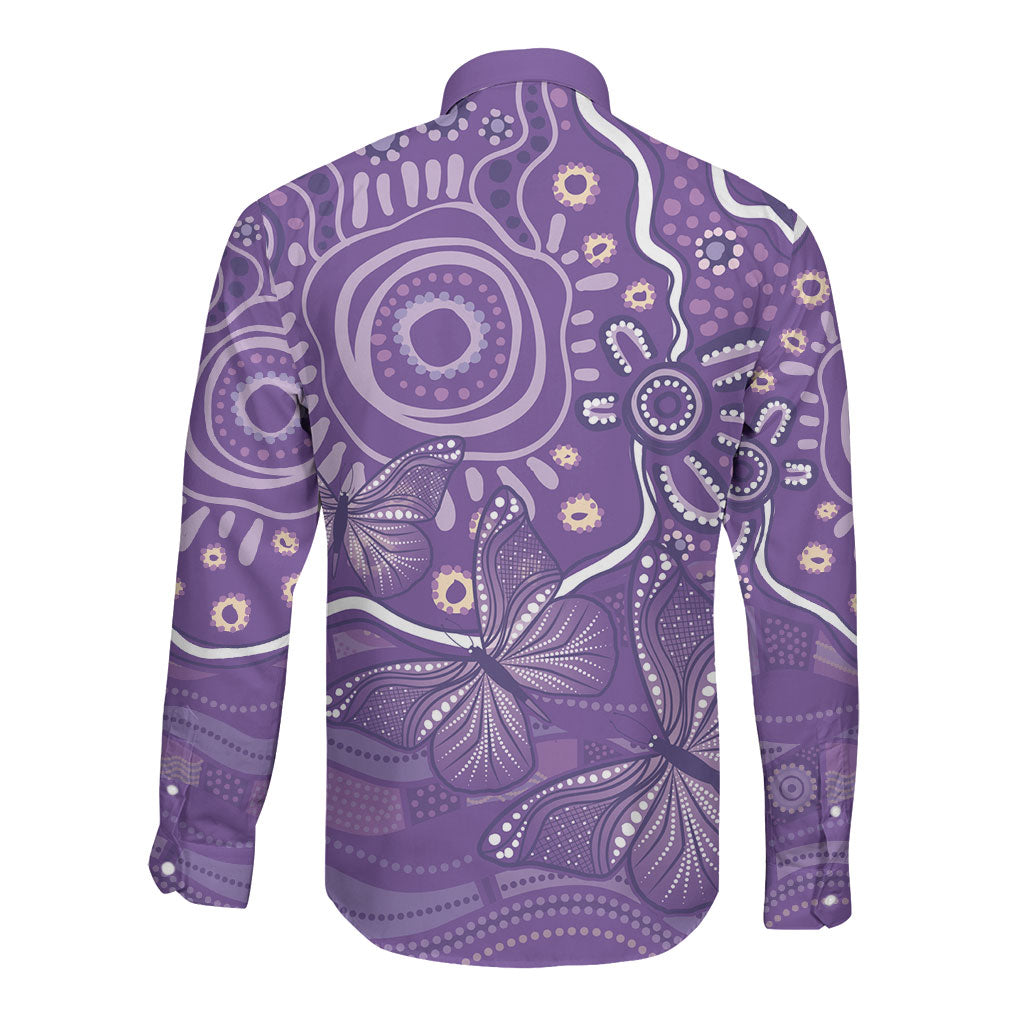 Australia Lupus Day Indigenous Long Sleeve Button Shirt Purple Ribbon Aboriginal Butterflies