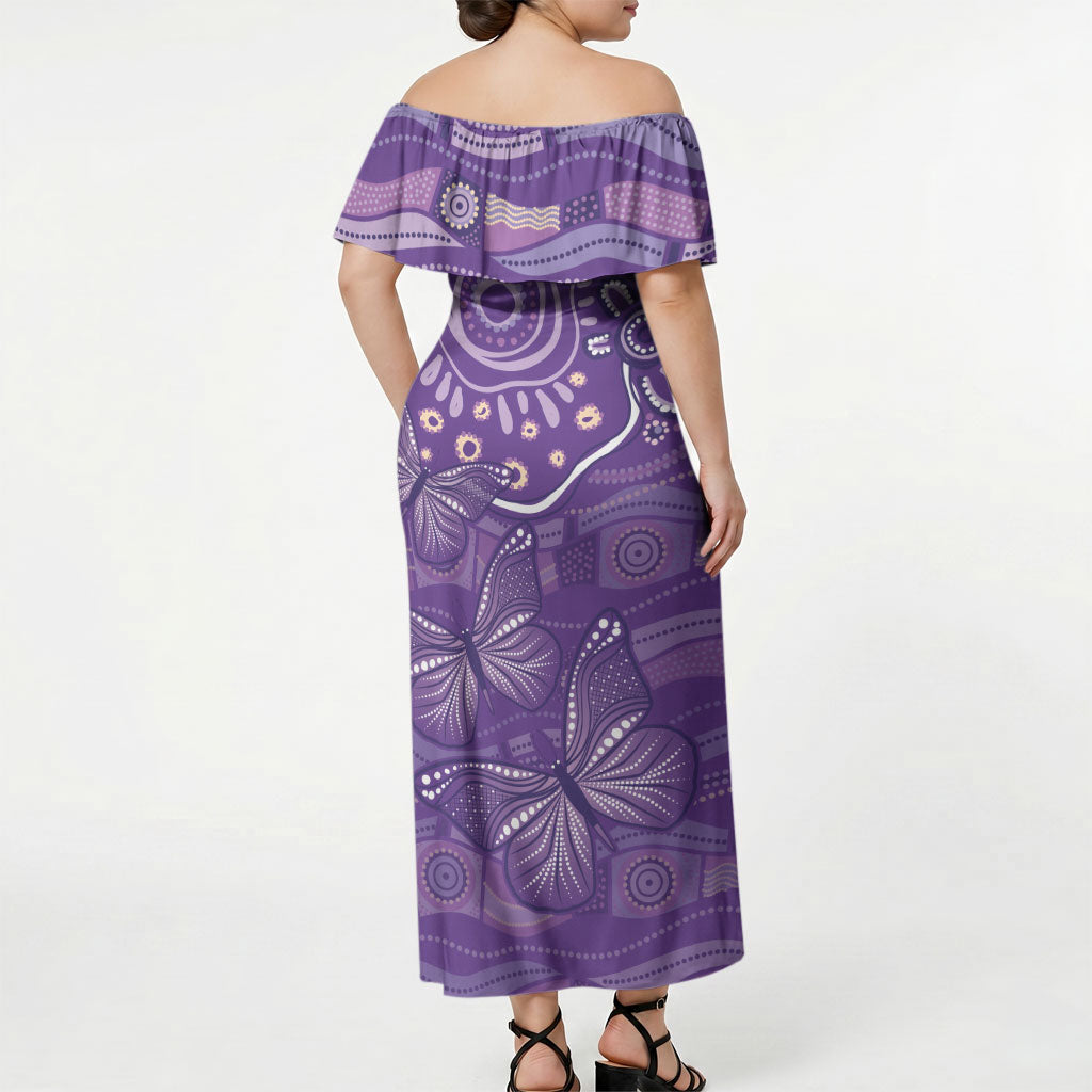 Australia Lupus Day Indigenous Off Shoulder Maxi Dress Purple Ribbon Aboriginal Butterflies