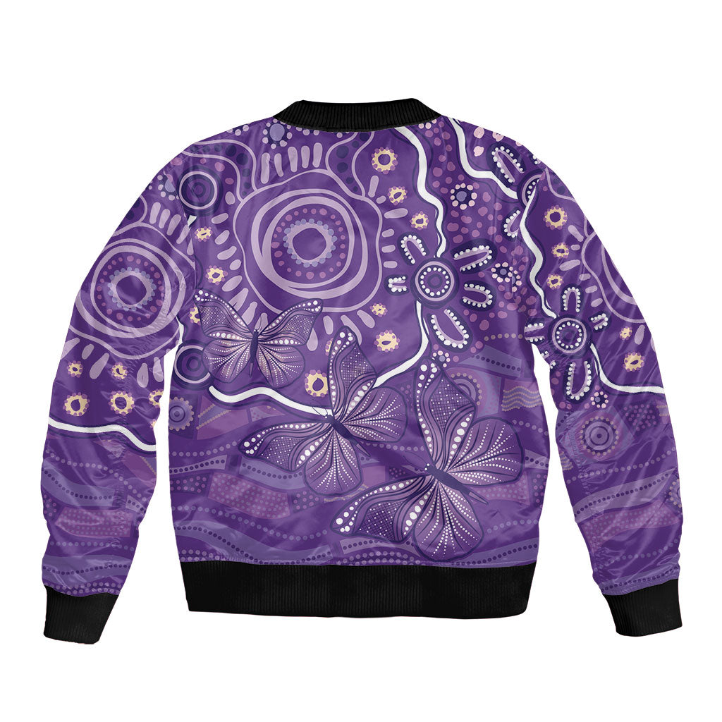 Australia Lupus Day Indigenous Sleeve Zip Bomber Jacket Purple Ribbon Aboriginal Butterflies