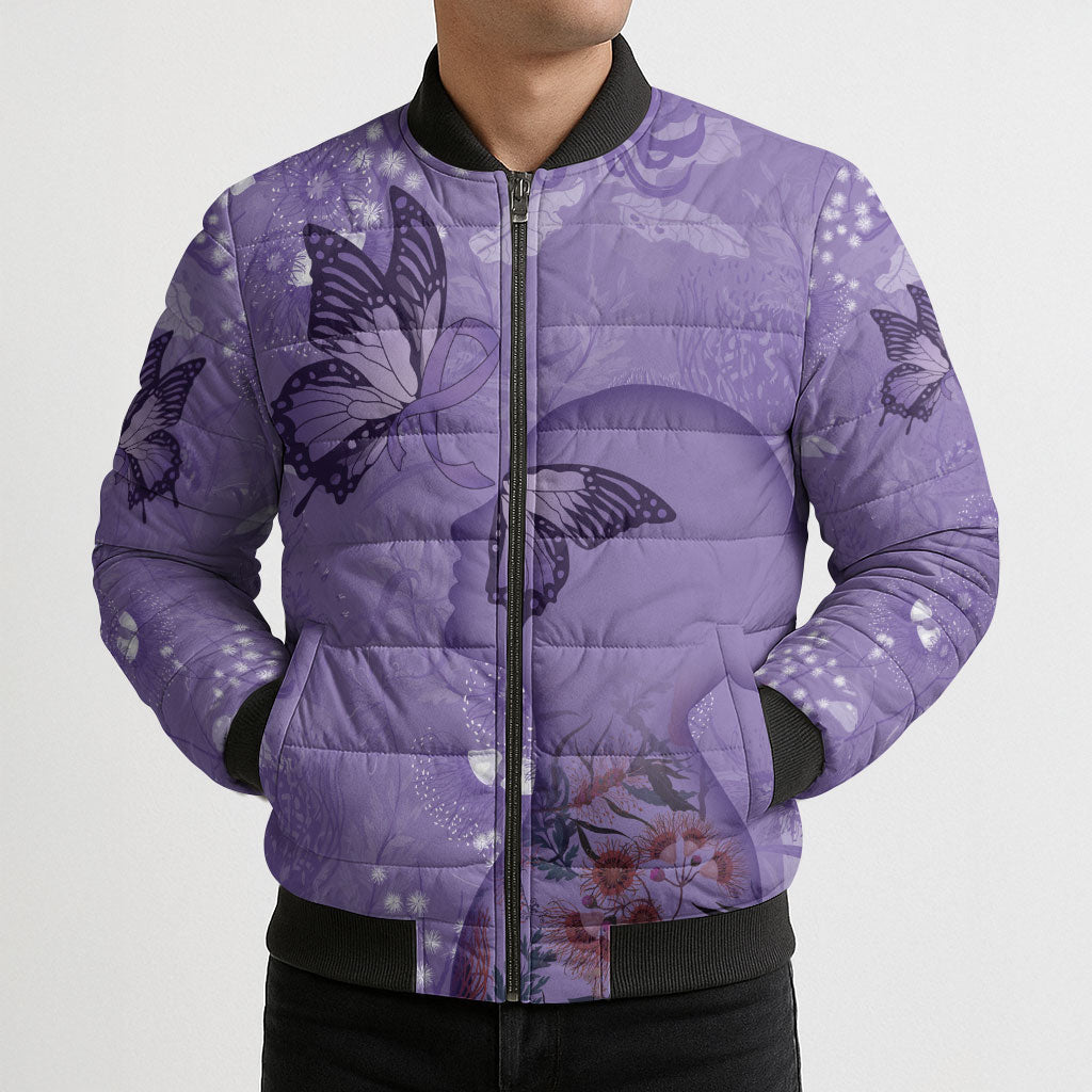 Lupus Cannot Stop Me Australia Floral Bomber Puffer Jacket Purple Ribbon