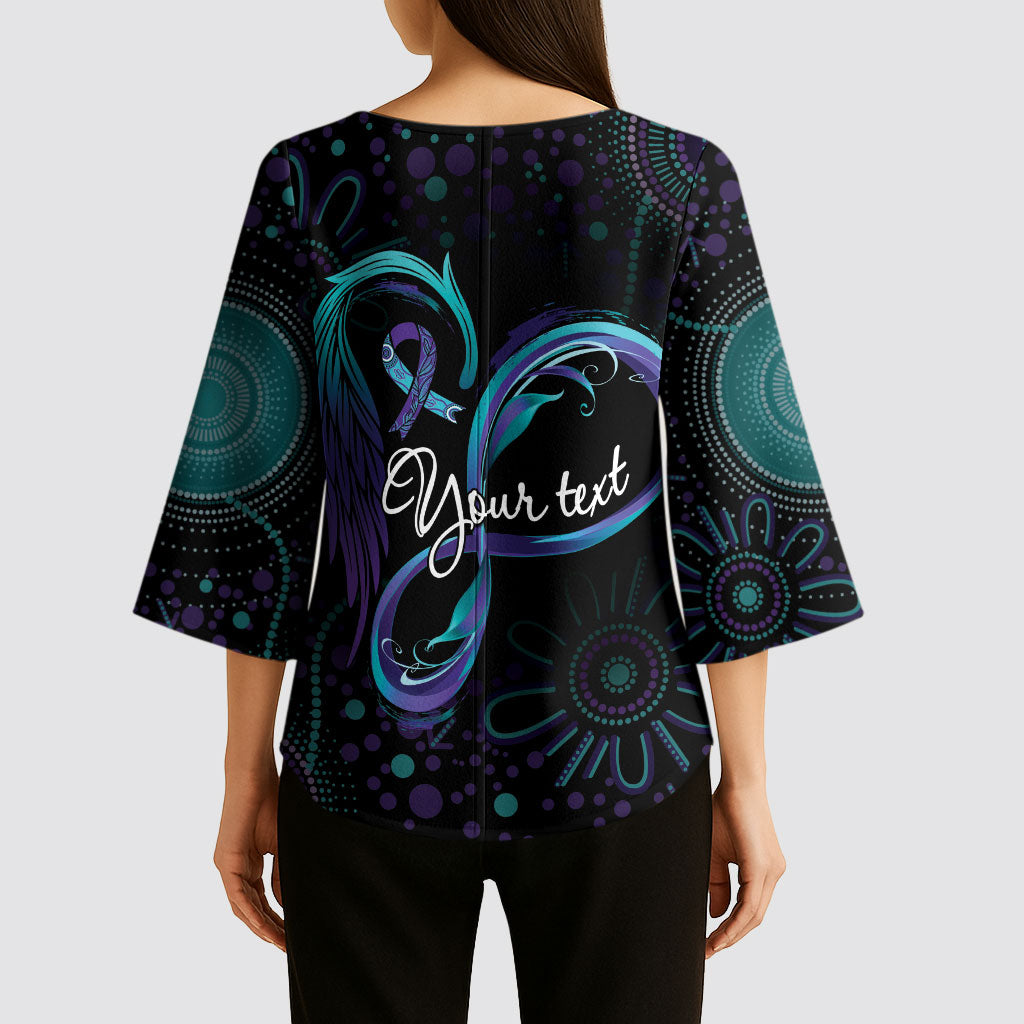 Personalized Australia Indigenous Infinity Heart Kimono Sleeve Blouse Purple Teal Ribbon You Are Not Alone