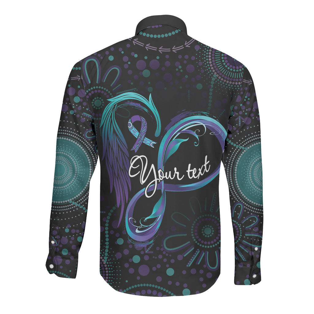Personalized Australia Indigenous Infinity Heart Long Sleeve Button Shirt Purple Teal Ribbon You Are Not Alone